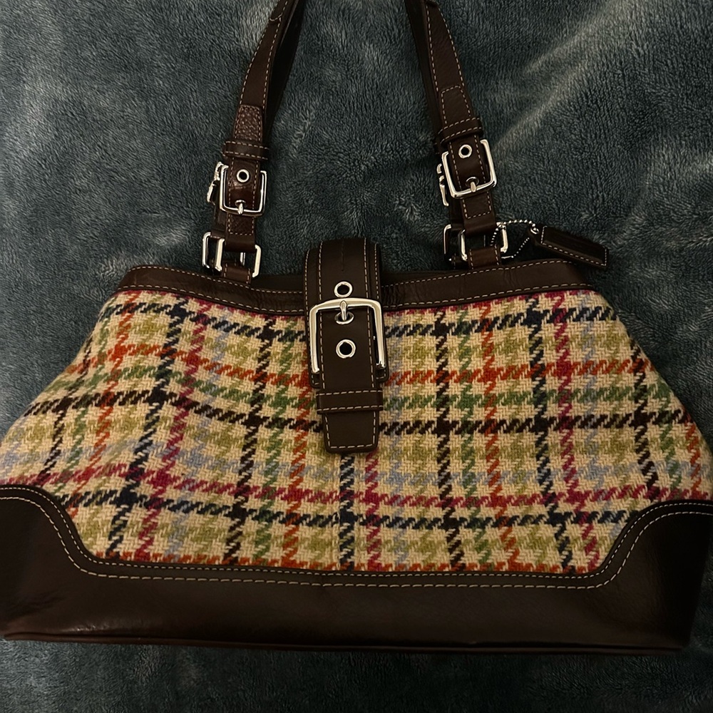 Coach Multicolor Plaid Shoulder Bag with Brown Leather
